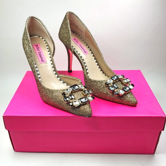 Festive Betsey Johnson Metallic Gold Glitter Jezzy D'orsay Heels Dress Pump - Picture 1 of 13